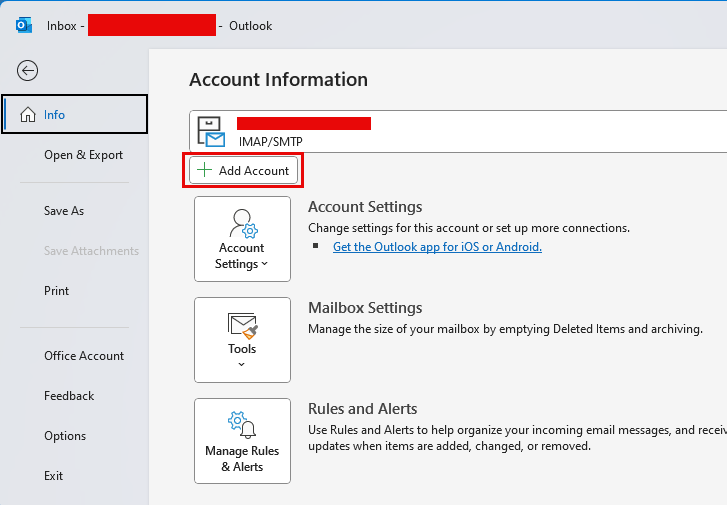 Outlook add account