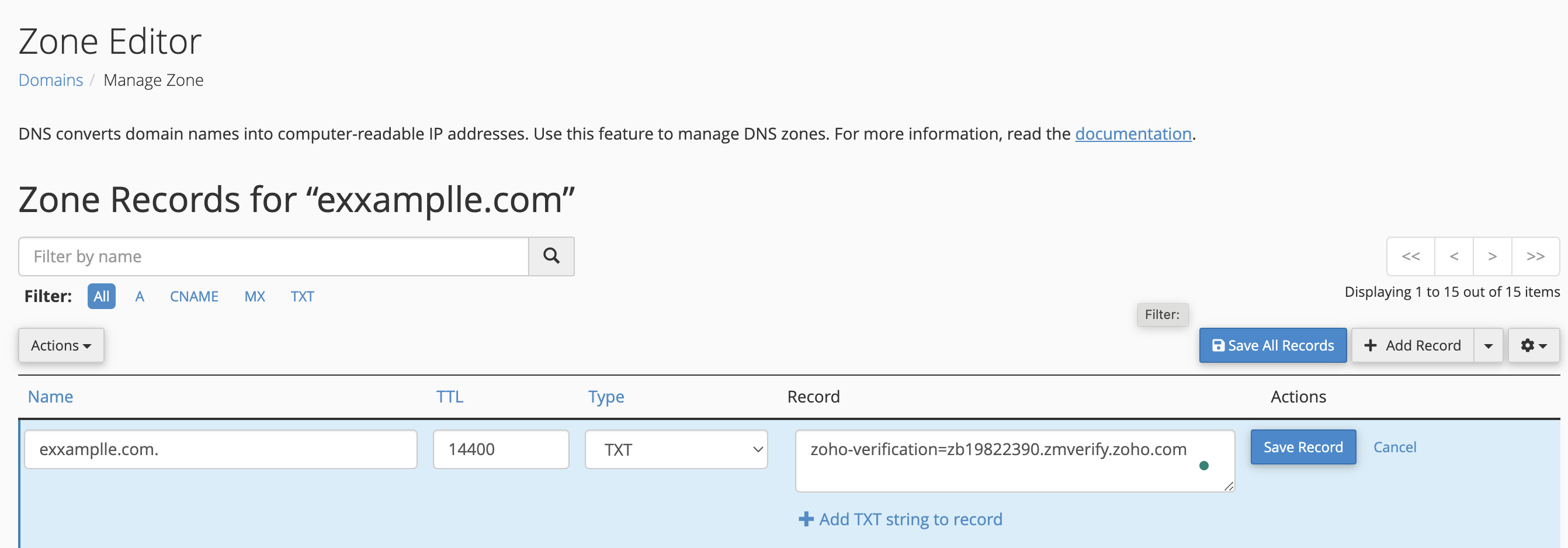 add txt record from zoho in cpanel