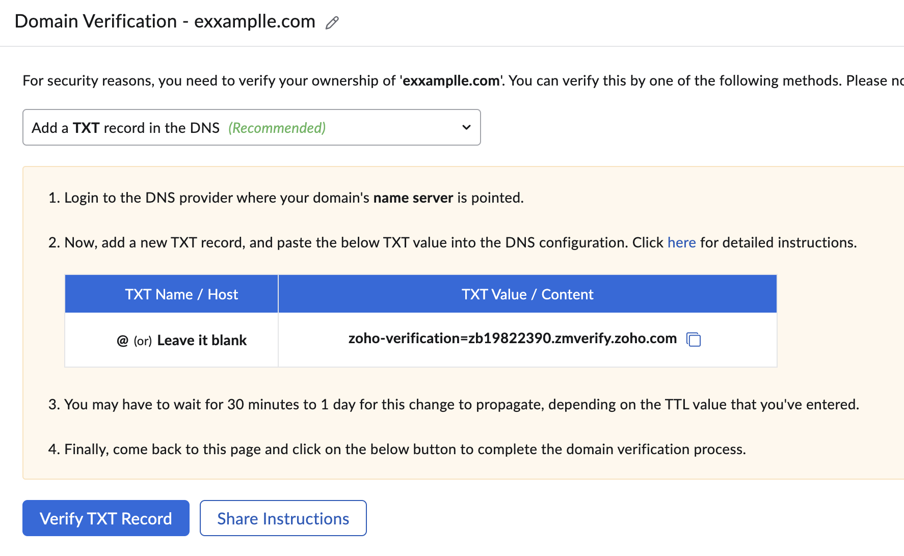 copy zoho txt record